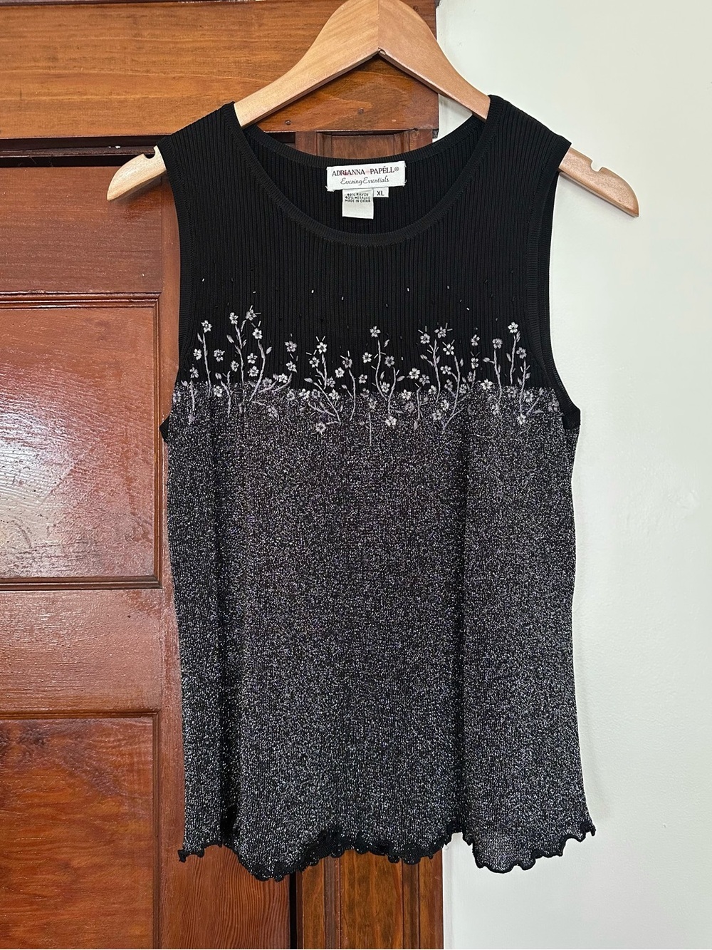 Vintage 90s Y2K Adrianna Papell Slinky Shimmer Floral Beaded Top Size XL Evening